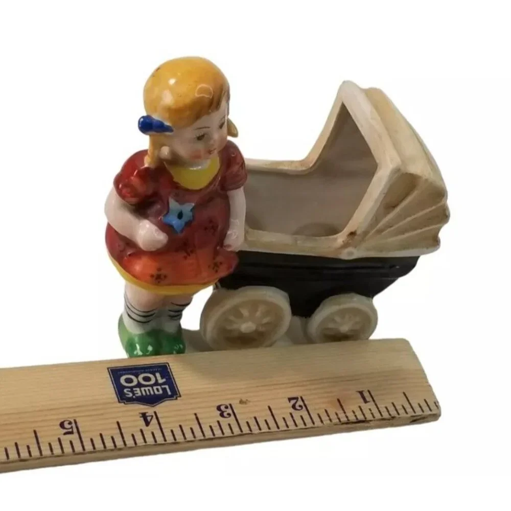 Vintage Ceramic Planter Hand Painted Girl With Pram Figurine Made In Japan Baby